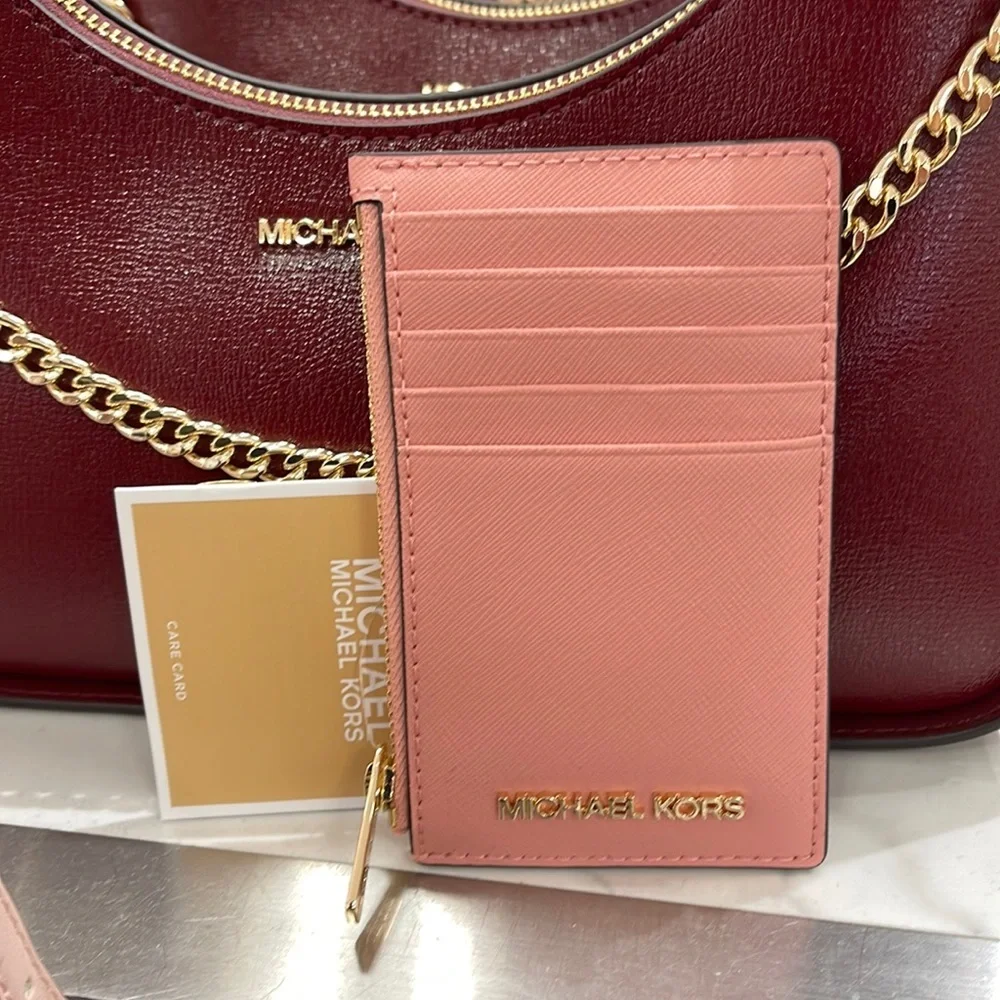 MICHAEL KORS Jet Set Travel Medium Top Zip Leather Card Case Wallet Primrose NWT